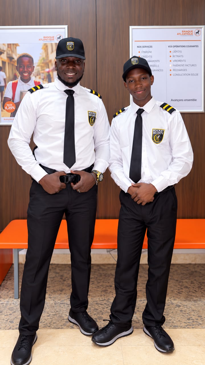 Two Rocket Security agents pictured full length in their new uniforms